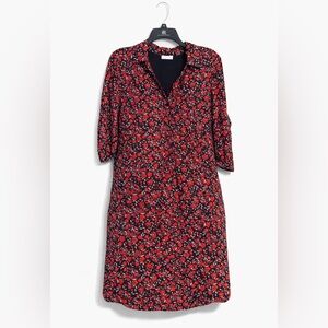 New York & Company Floral Shirt Dress Navy Red Roll Tab Sleeves Size Medium